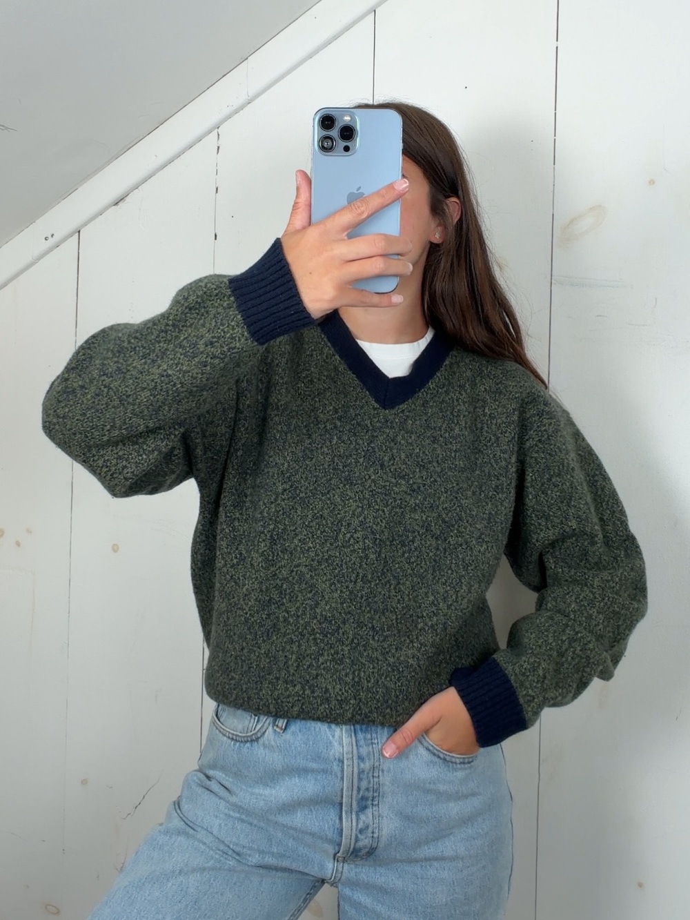 Vintage Heather Green Blue Trim Long Sleeve V-Neck Wool Sweater Womens Large 90s